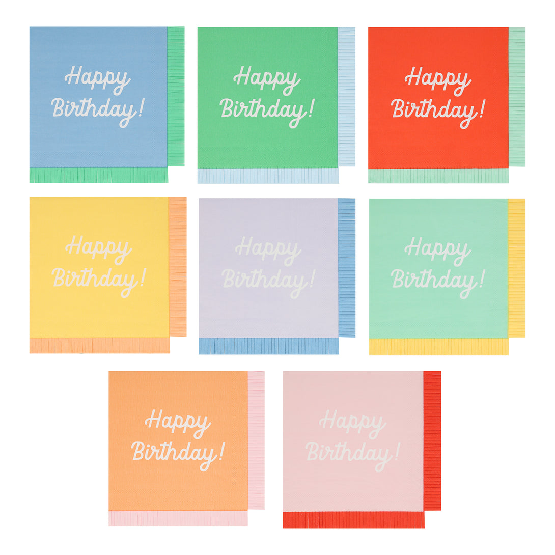 Our paper birthday napkins are made in bright colours with the words Happy Birthday on them.