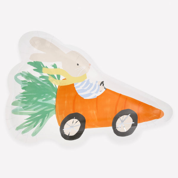 Our Easter plates feature a cute bunny in a carrot-shaped racing car, perfect for a fun and playful mealtime. Image1