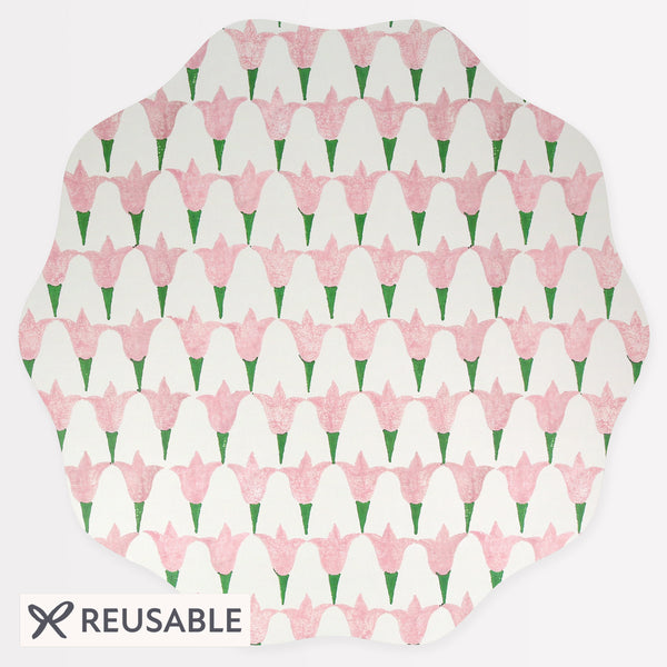 Our pink placemat, made from laminated paper and wood with a cork backing, features a pretty tulip Molly Mahon design. Image1