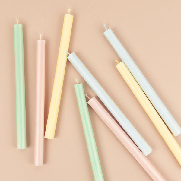 Our striped candles, with pastel stripes in pink, blue, yellow and green, make elegant table candles for any special party or meal. Image2