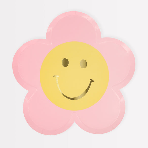 Our paper plates feature a pink flower with a smiley face, ideal as cocktail plates or birthday plates.