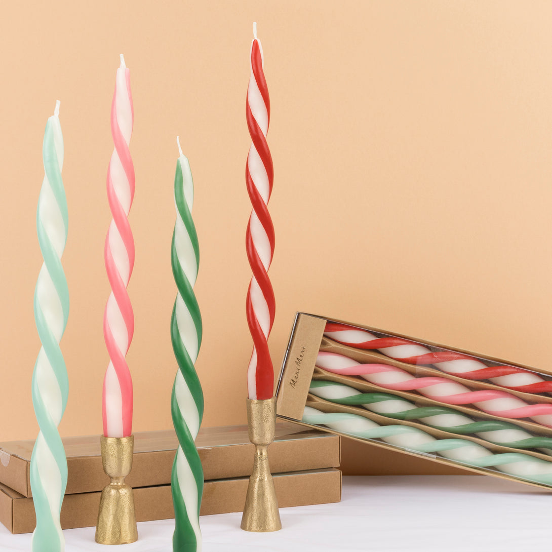 Use our twisted candles, in red, pink, blue, green and ivory, for a wonderful effect on your Christmas table or mantel. Image1