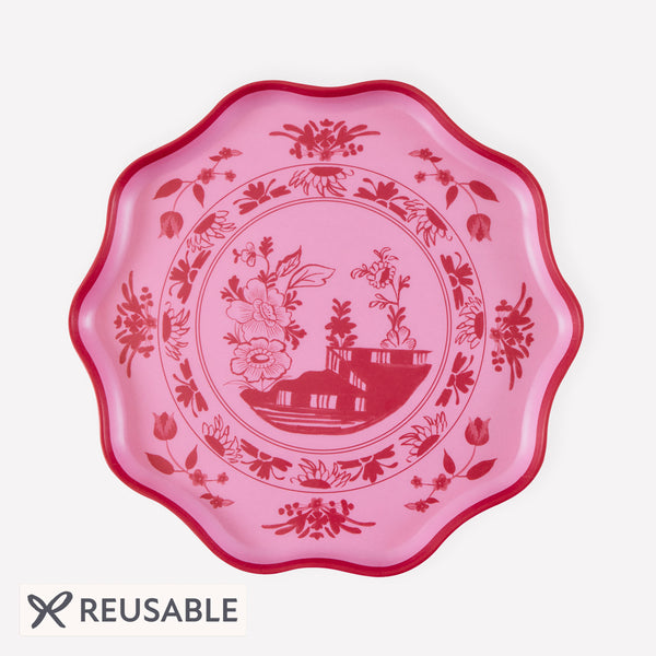 Our small melamine plates, in two shades of pink, feature a wonderful botanical print transfer, ideal for garden parties or baby showers. Image1