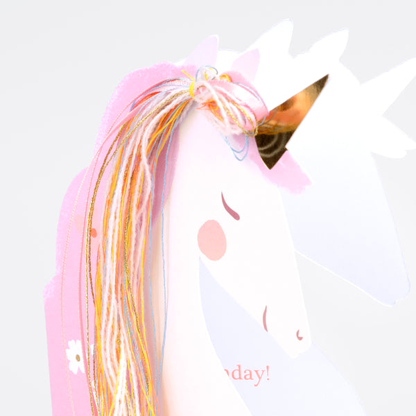 Our unicorn birthday card features a pretty unicorn with a mane made with sparkly thread, colourful yarn and light pink satin ribbon/ Image2