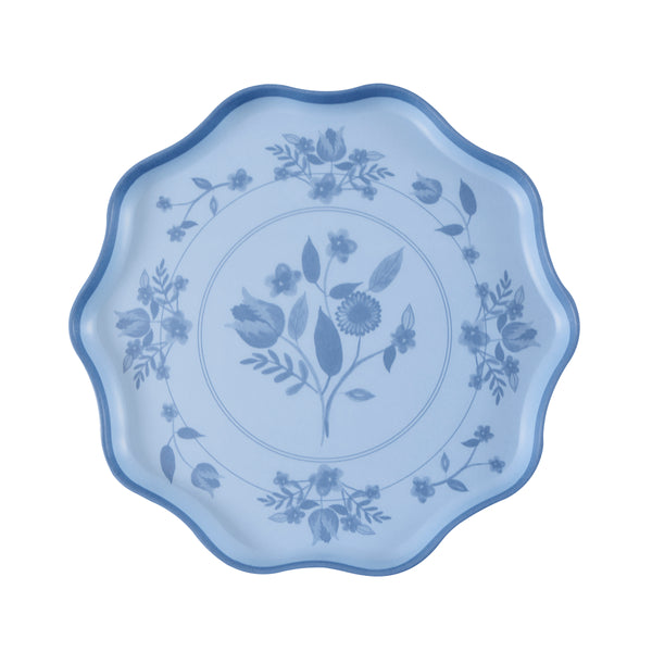 Our reusable plates, made from melamine in a small size, feature four pastel colours with a blue vintage botanical print design transfer. Image5