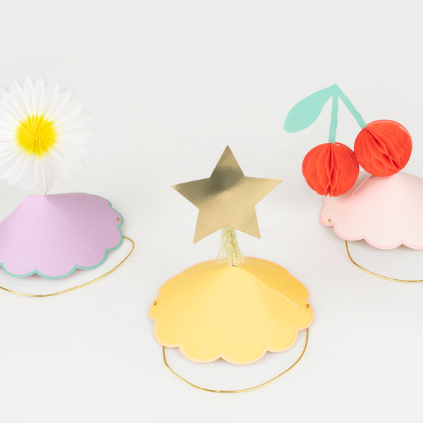 Our party hats feature flowers, cherries and stars, perfect for any special party. Image3