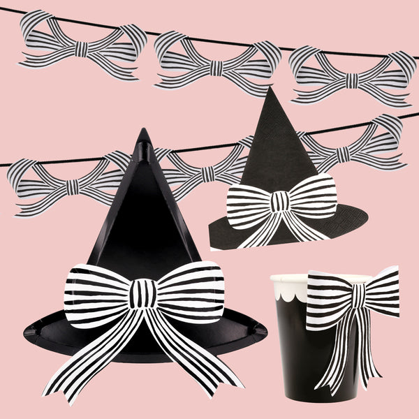 Keep your Halloween stylish with our set of Halloween party supplies including a bow garland, bow cups, witch hat plates and napkins. 