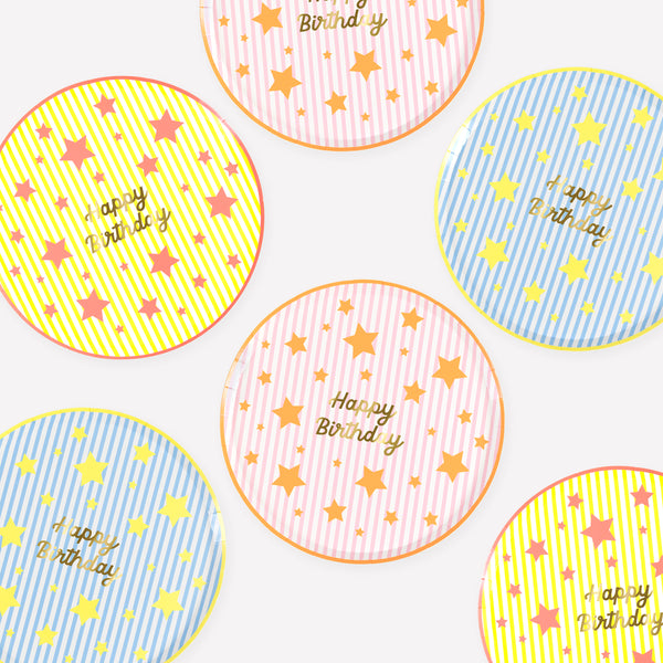Our paper birthday plates, in a small side plate size, feature a shiny gold foil Happy Birthday message with stripes and neon stars, joyful! Image1