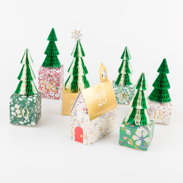 Our Christmas advent calendar creates a 3D village scene, with Liberty prints, shiny gold foil details and honeycomb trees, to fill with fun gifts. Image5