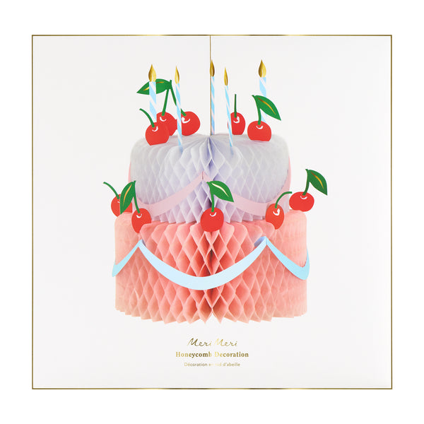 Our birthday cake decoration is a beautiful hanging decoration in the shape of a birthday cake, with honeycomb paper and paper candles. Image3
