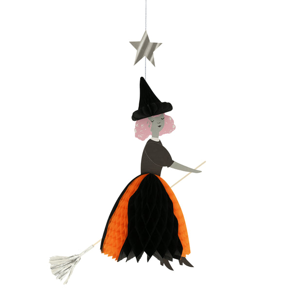 Our Halloween hanging decorations feature happy witches with honeycomb details, and shiny silver stars and a moon. Image6