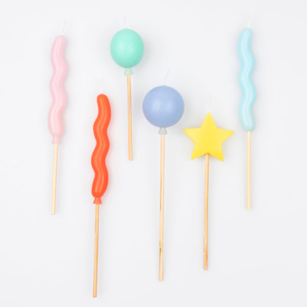 Our birthday candles are great as birthday cake decorations, featuring balloon shapes and bright colours. Image3