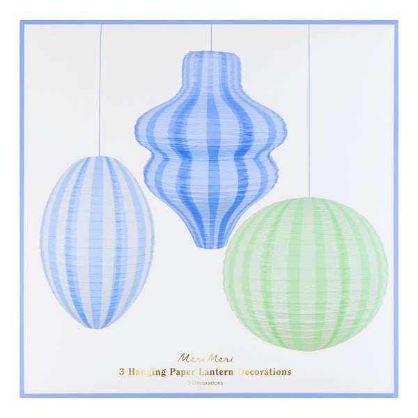 Our striped blue paper lanterns are the perfect hanging decorations for baby showers, birthday parties or all year decorations. Image7