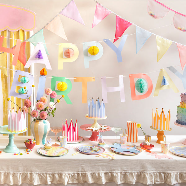 Our Happy Birthday garland set are the perfect birthday decorations, with bright colours and honeycomb details. Image2