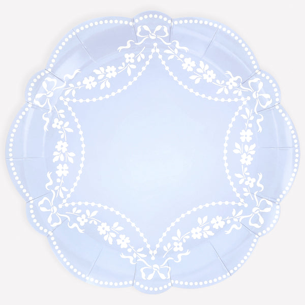 Our paper plates are made in a beautiful cornflower blue with white ornate patterns, blue on the reverse too for a stylish look. Image1