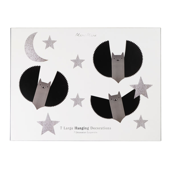 Our Halloween hanging decorations set features happy black bats with concertina wings and shimmering glitter stars and a moon. Image4