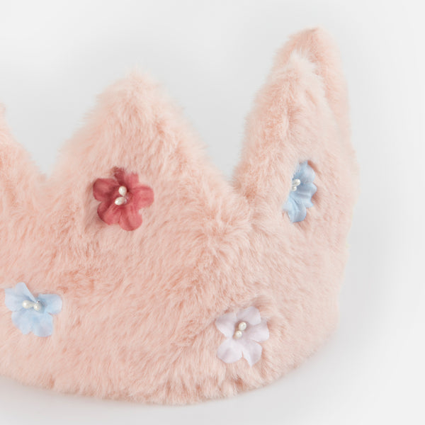 Our pink crown is made from soft fabric and has sparkling flower sequins. Image3