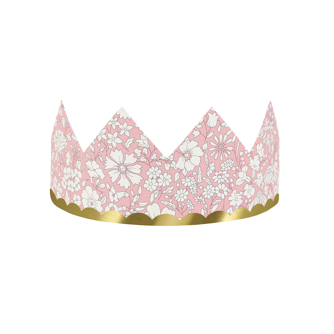 Our sophisticated paper hats are crowns with Liberty print designs, pink ribbons and gold foil, perfect for bridal showers and baby showers.