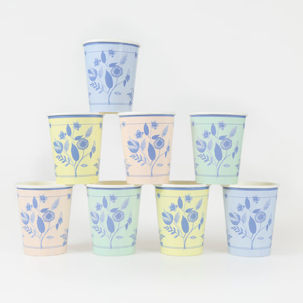 Our party cups come in four pastel colours with striking cobalt blue botanical illustrations, ideal as baby shower cups or for any stylish party. Image1