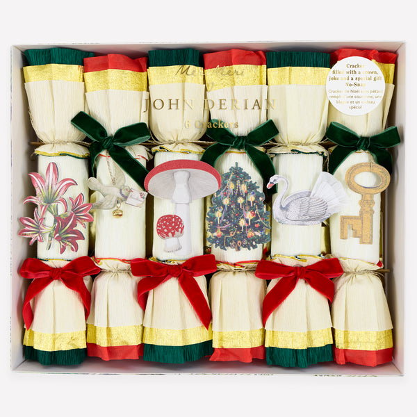 Our no snap Christmas crackers feature festive colours, keyring gifts and chic John Derian inspired embellishments for a fairytale feel. Image1