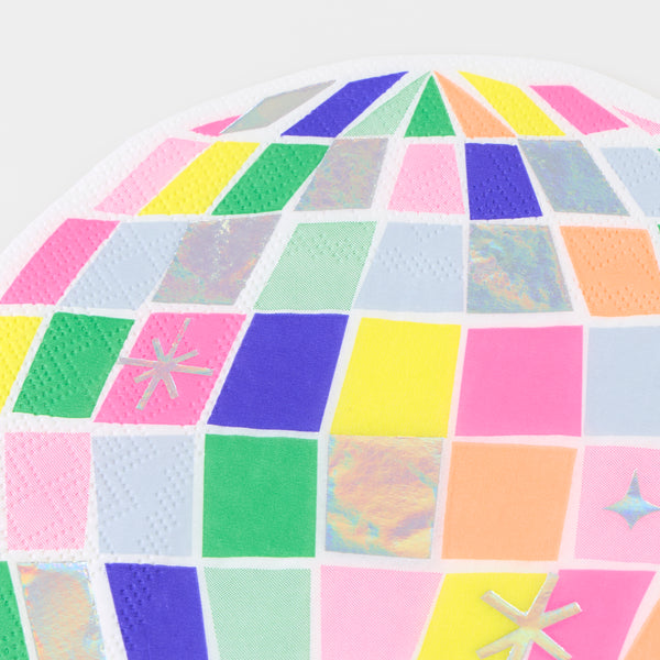 Our paper napkins, made from 3-ply paper, are disco ball shaped with lots of shimmering holographic foil, ideal or a disco party. Image2