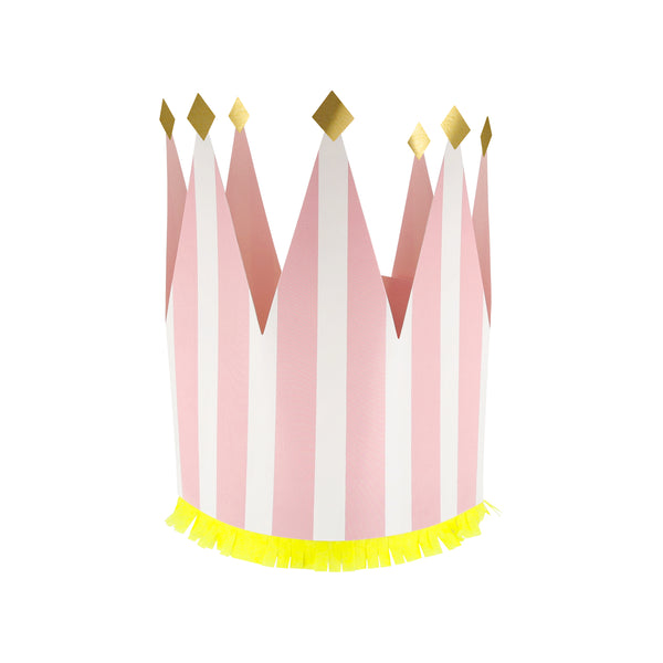 Our paper crowns, made with vibrant stripes, tissue paper fringing and shiny gold foil details, are the perfect birthday party hats. Image5