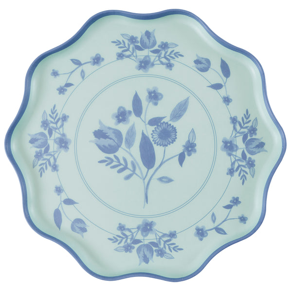 Our large reusable plates, made from practical melamine, come in four pastel shades with a cobalt blue botanical print transfer. Image3
