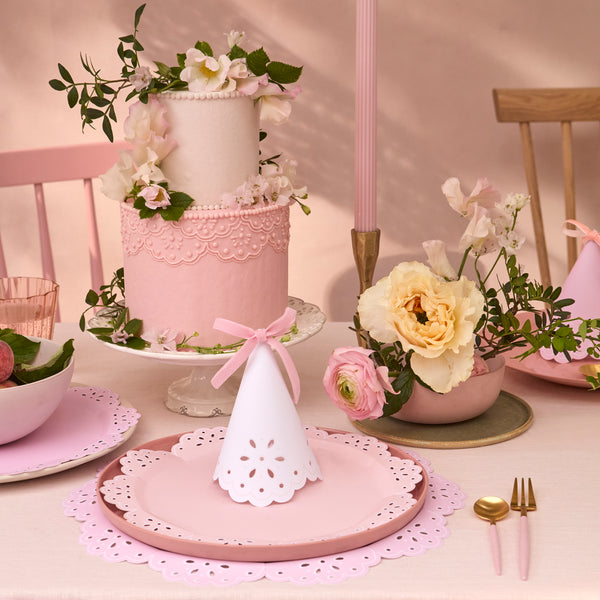 Our pink plates and peach plates, with a pretty lace design, are the perfect bridal shower plates. Image2