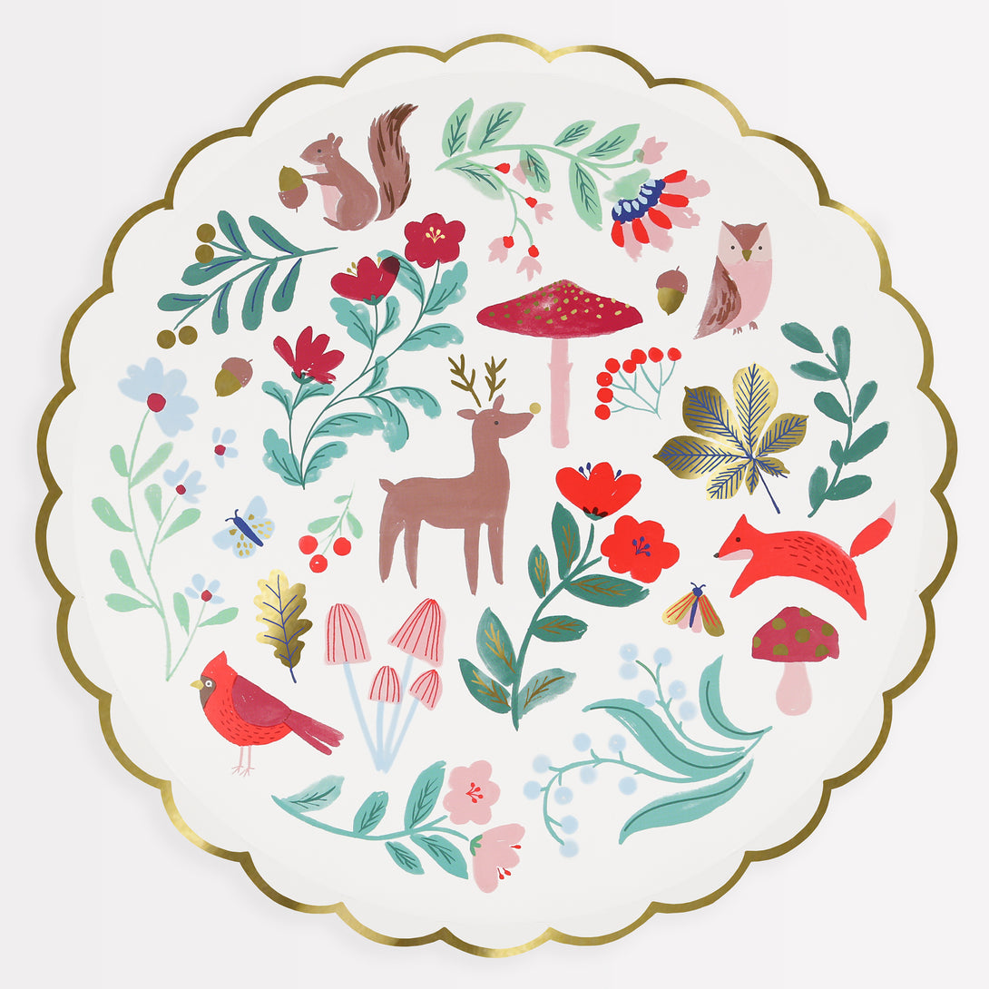 Our paper plates are perfect to add to your Christmas party supplies as they feature reindeer and flowers and lots of shiny gold foil.