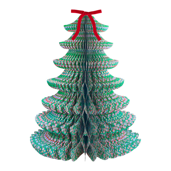 Our decorative Christmas trees, made in 3D shapes from honeycomb paper, feature beautiful Liberty print designs and red velvet bows on top. Image4