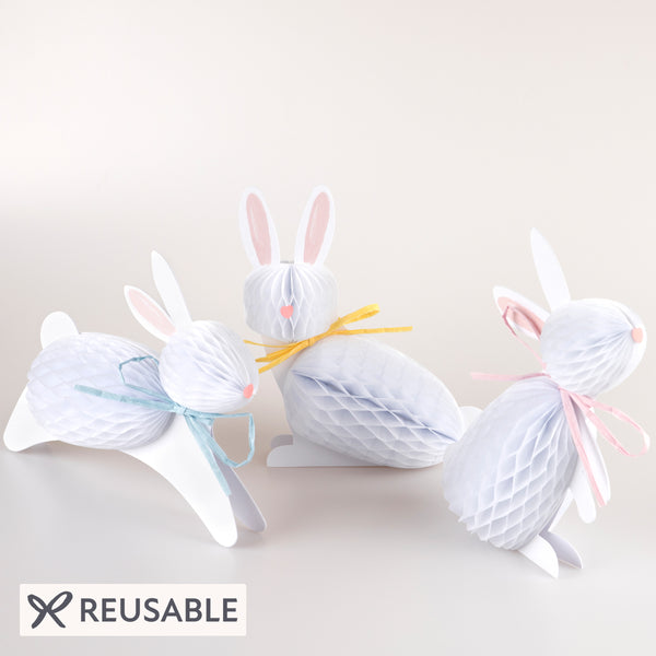Our Easter bunny decorations, crafted with honeycomb paper and raffia ribbons, look amazing. Image1