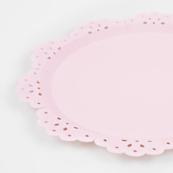 Our pink plates and peach plates, with a pretty lace design, are the perfect bridal shower plates. Image3