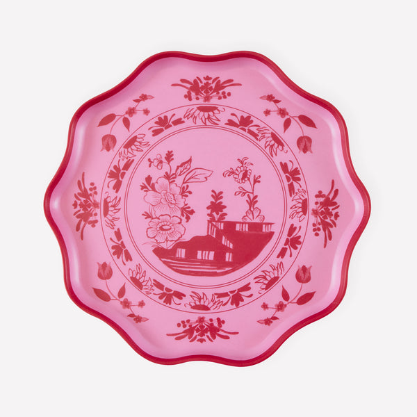 Our small melamine plates, in two shades of pink, feature a wonderful botanical print transfer, ideal for garden parties or baby showers. Image1