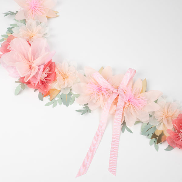 Our elegant paper garland is crafted with paper flowers and pink bows for a really beautiful hanging decoration ideal for a bridal shower. Image4