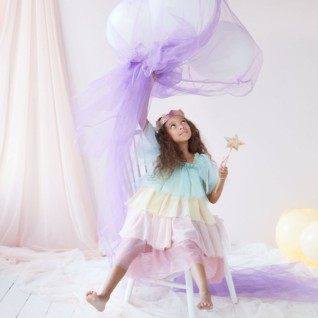This princess costume for kids is made from colourful tulle layers and comes with a gold princess crown.,This princess costume for kids is made from colourful tulle layers and comes with a gold princess crown. Image1