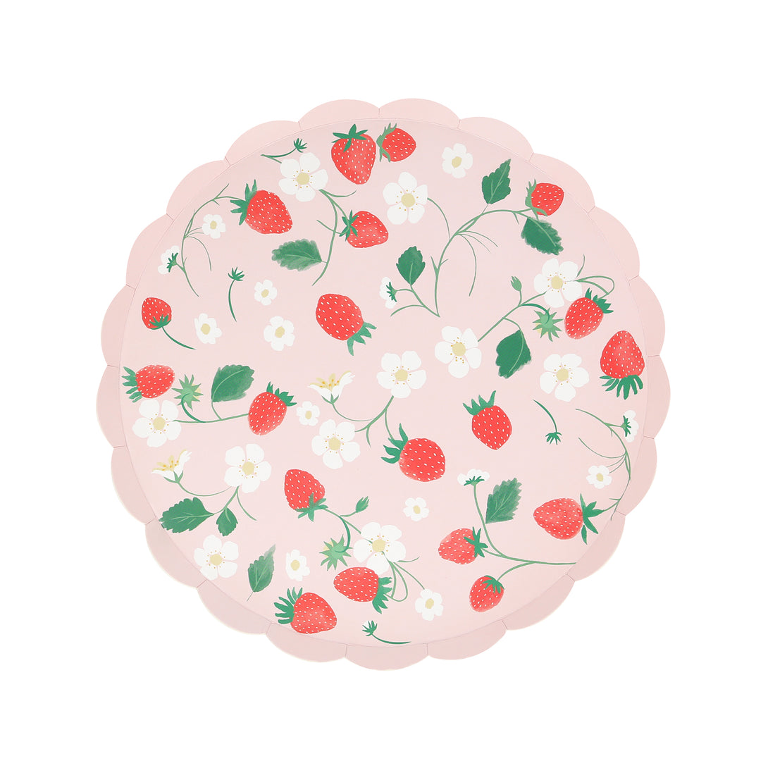 Our paper plates, in a small side plate size, feature a pretty pink and red strawberry design and scalloped edge.