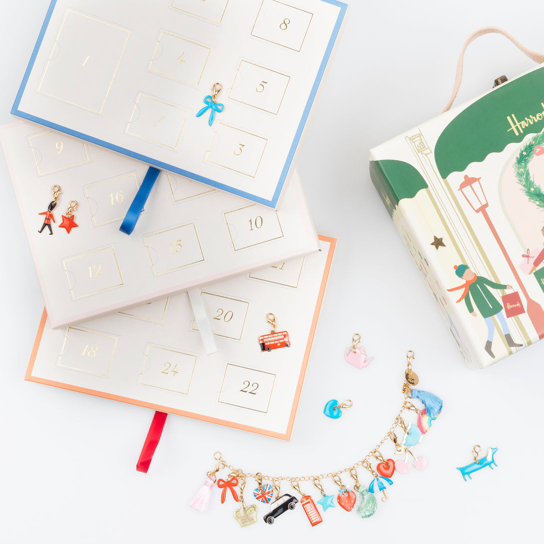 Our iconic Harrods mini suitcase includes an advent calendar where you'll get to create a charm bracelet over 24 days.