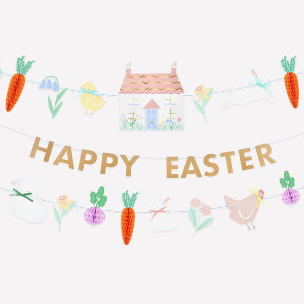 Our paper garland set is perfect to add to your Easter decorations, featuring 3D vegetables, and springtime flowers and animals. Image1