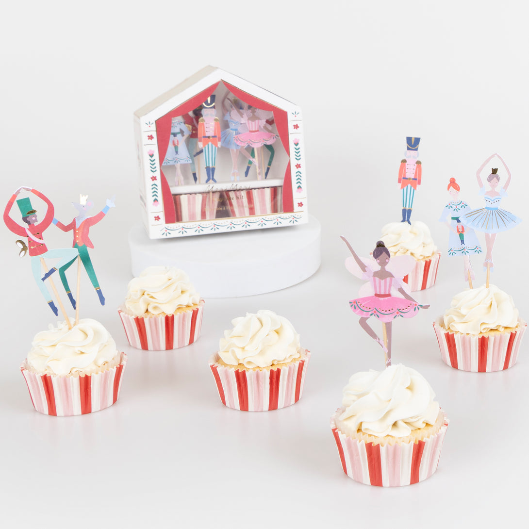 Our cupcake kit features classic Nutcracker character cake toppers and striped cupcake cases, ideal for Christmas treats. Image3