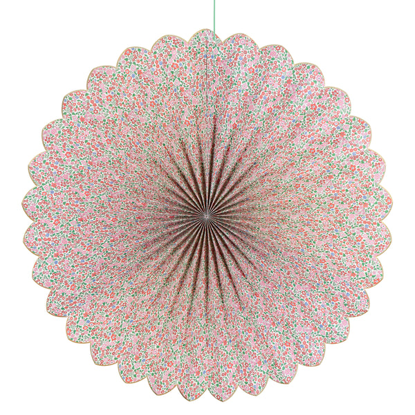 Our Christmas hanging decorations set features 3 paper Liberty floral print pinwheels with velvet hanging ribbons, perfect for an elegant look. Image4