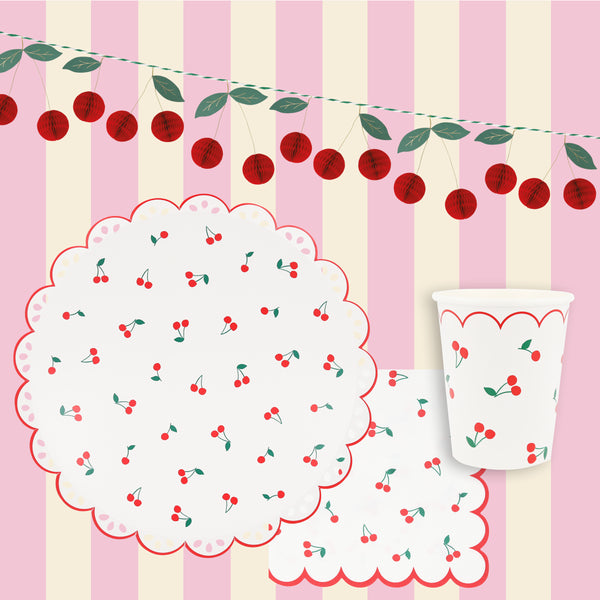 Use our special cherry party supplies for a vibrant look at your parties, our set includes paper plates, cups, napkins and a honeycomb garland. 