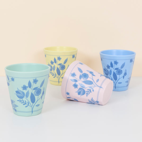 Our reusable melamine cups come in four pastel shades with a blue botanical print transfer, ideal for baby showers or bridal showers. Image1