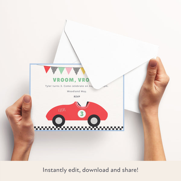 Invite family and friends to your race car party with our wonderful digital party invitation featuring a classic car design. Image3