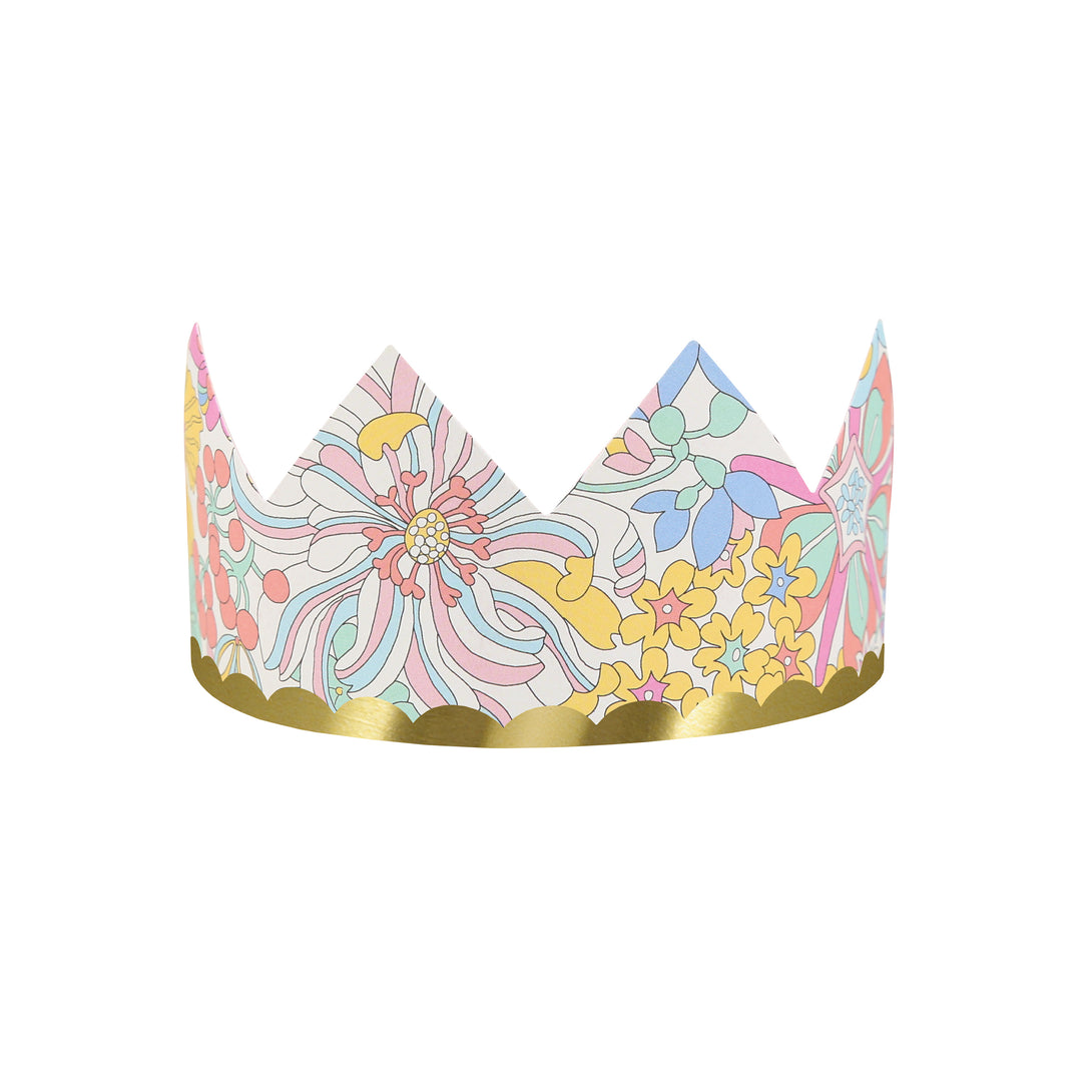 Our sophisticated paper hats are crowns with Liberty print designs, pink ribbons and gold foil, perfect for bridal showers and baby showers.