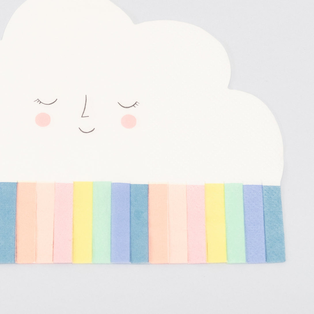 These party napkins feature a smiling cloud with bright tissue paper fringed details.
