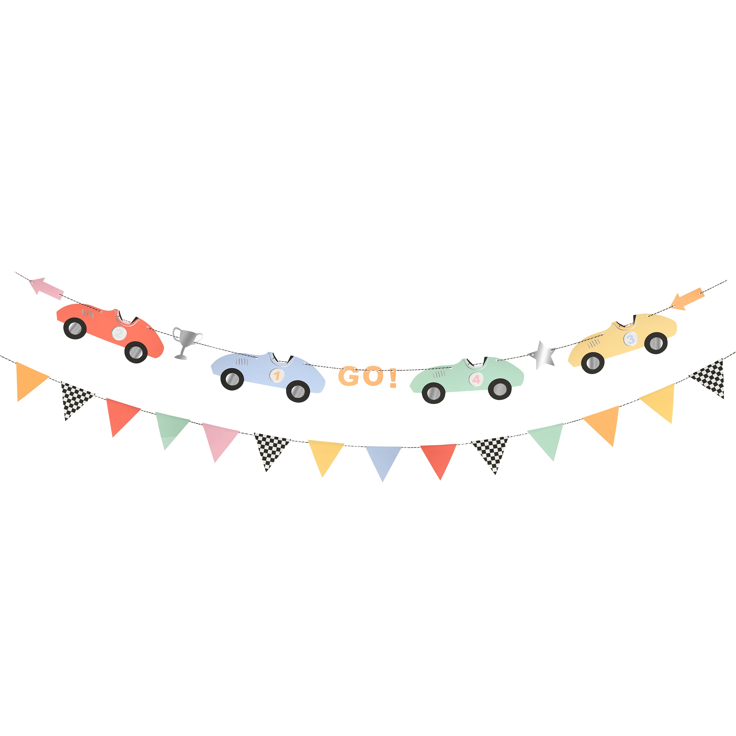 Our paper garland featuring classic race cars is perfect for a boys birthday party.
