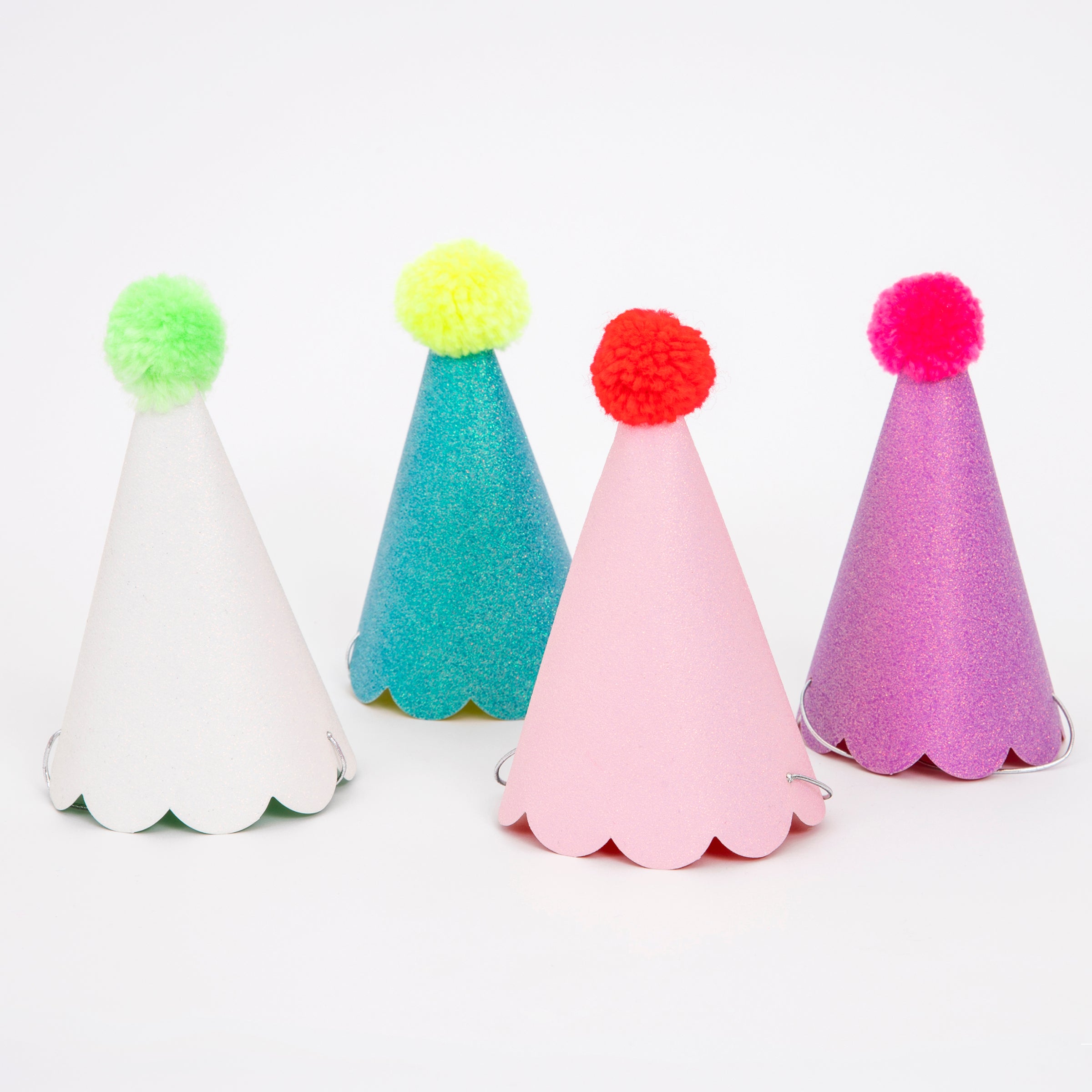 These fun hats are topped with colourful pompoms and covered with crystal glitter.