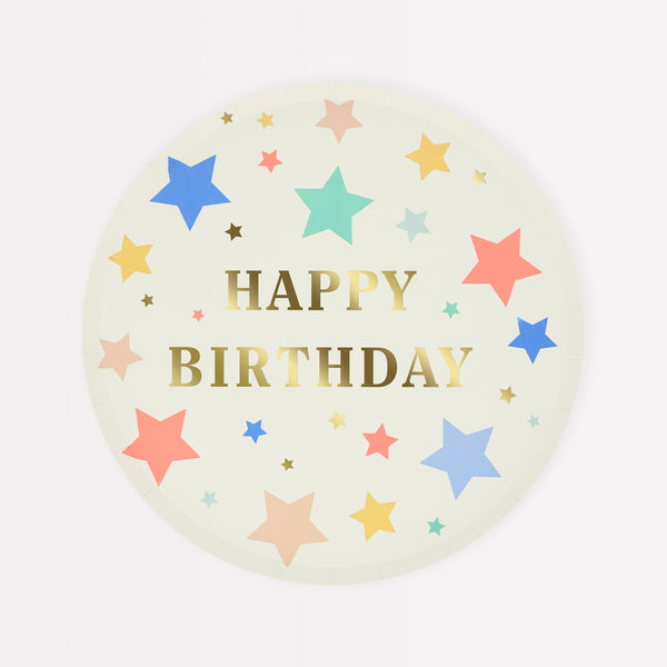 Our side plates with colourful stars and gold letters are perfect as birthday party plates.