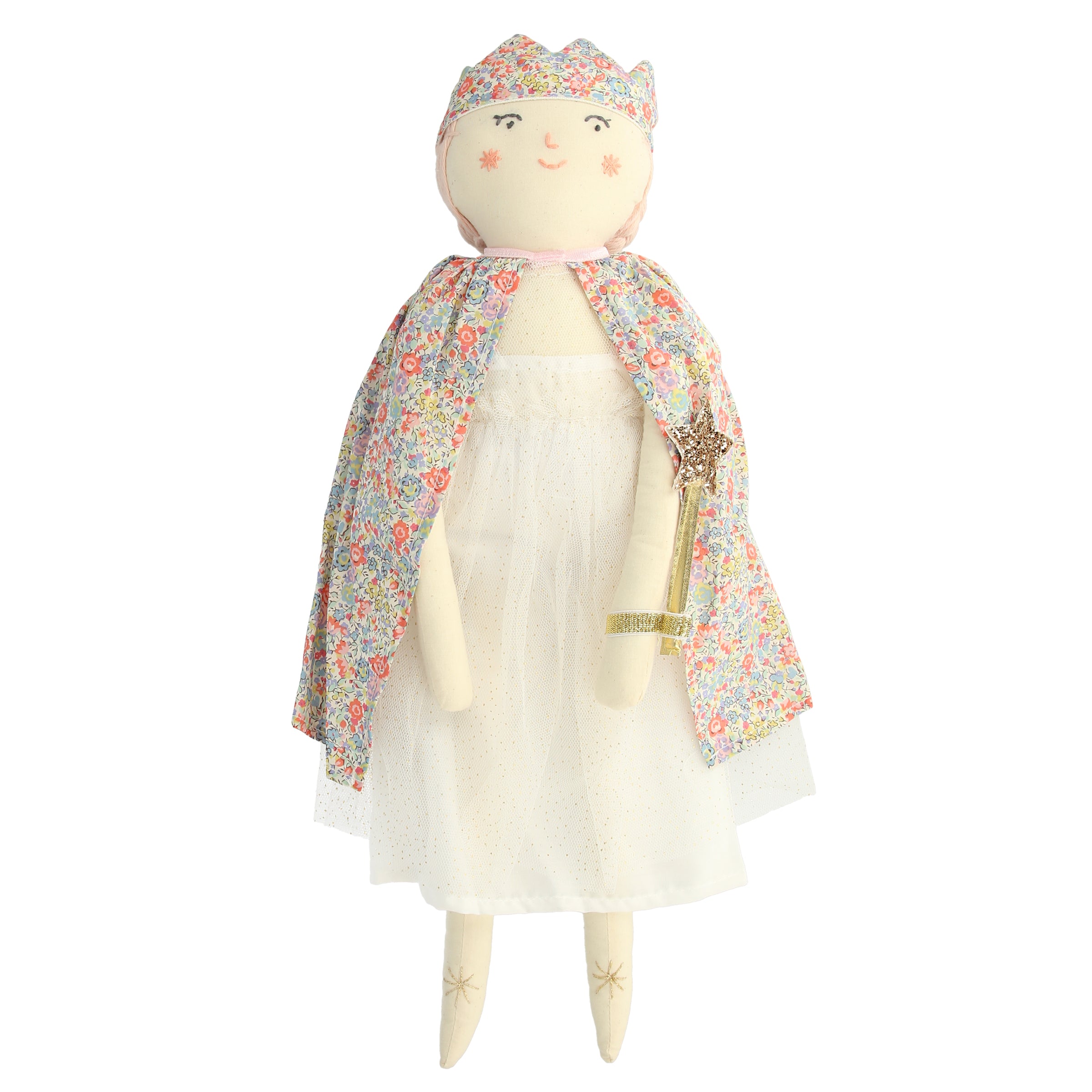 This beautiful princess doll has a white tulle dress with a Liberty floral cape, a crown and a star wand.