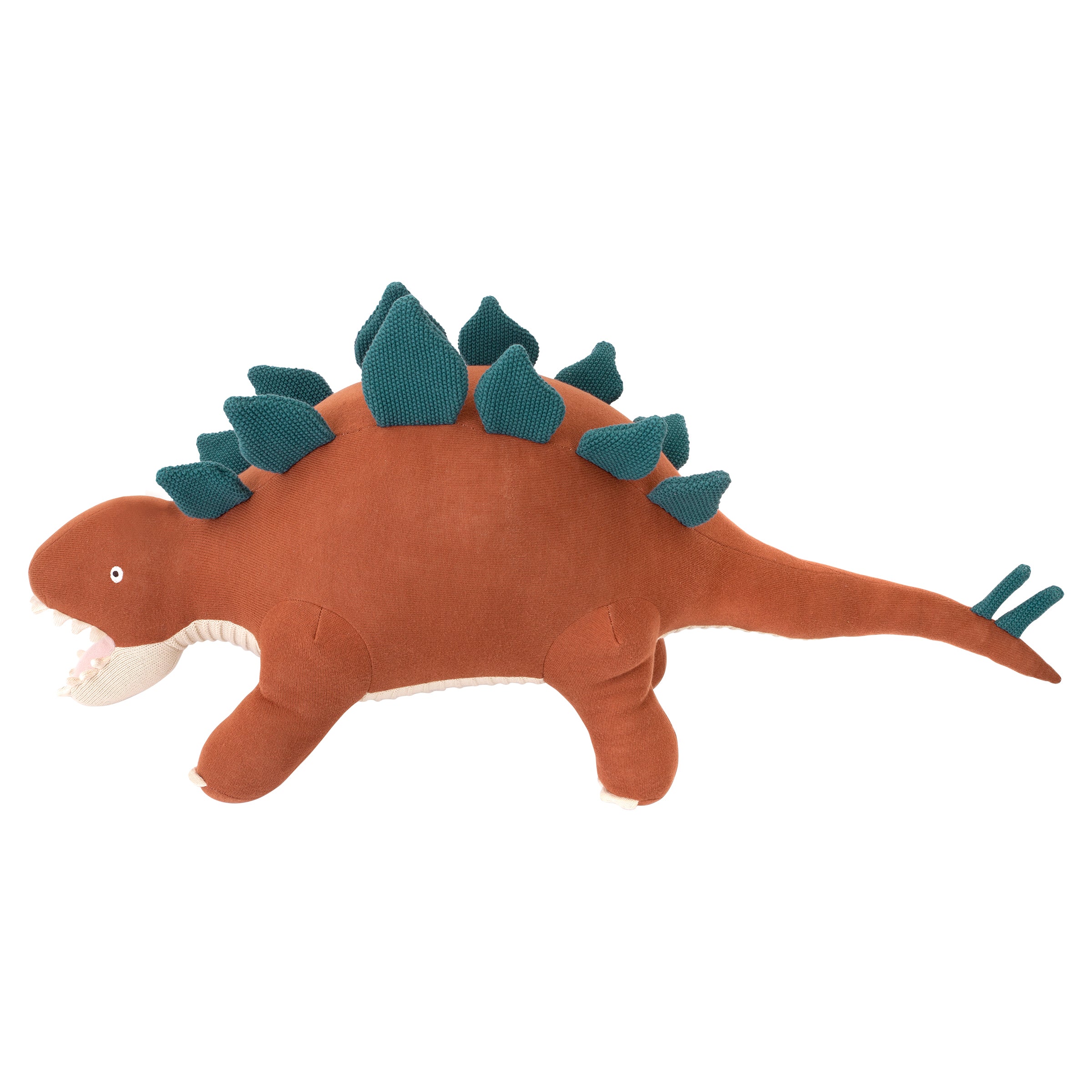 Bruce the stegosaurus toy is a fabulous kid's soft toy crafted from knitted organic cotton.